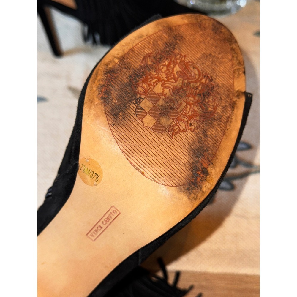 Vince Camuto Black Suede Fringe‎ Open Toe Ankle Booties Heels Size 7.5 - Picture 8 of 9